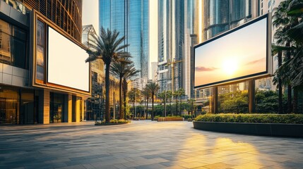 Modern Cityscape with Blank Billboards and Palm Trees