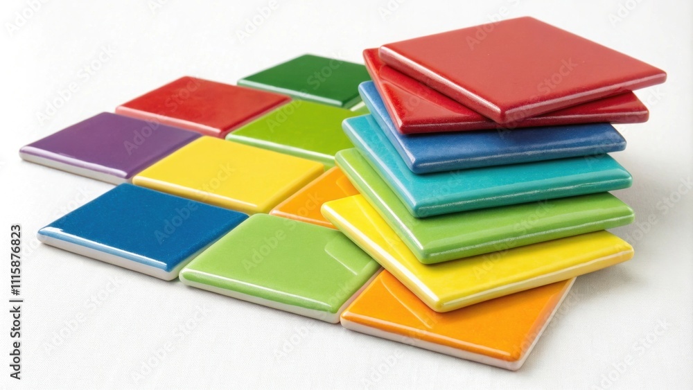 Poster a small neatly organized pile of glossy ceramic tiles in various vibrant colors each reflecting ligh