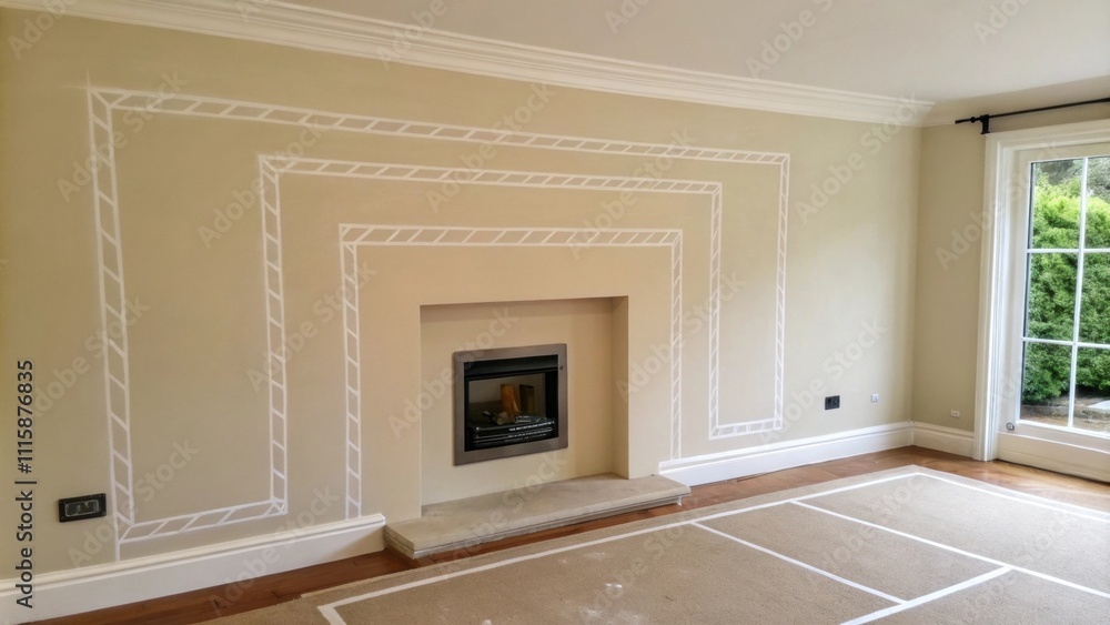 Poster A smooth light beige wall with a chalkdrawn frame indicating the location for a fireplace ready to be filled with a modern bioethanol insert that will require minimal venting.