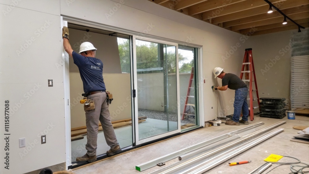 Poster a sliding glass door in the process of installation framed by an unpainted wall with a construction 