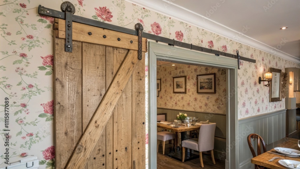 Poster a sliding door track made from reclaimed wood mounted on a vintage wallpaper backdrop adding charact