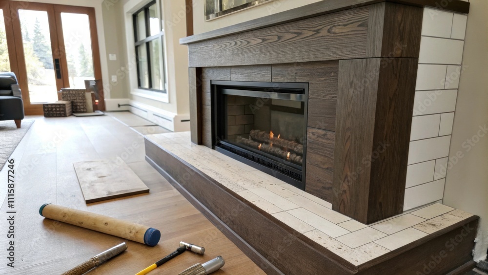 Aufkleber a sleek modern fireplace mantel constructed of dark wood a chisel and wood glue lying next to it alo