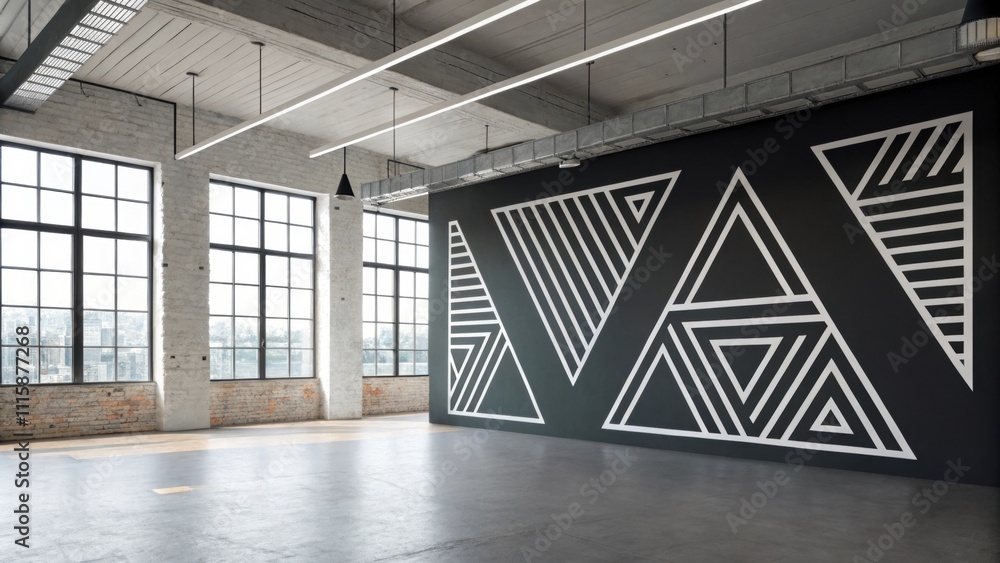 Poster a sleek loft space with a blank wall exhibiting bold triangular patterns created by white painters t