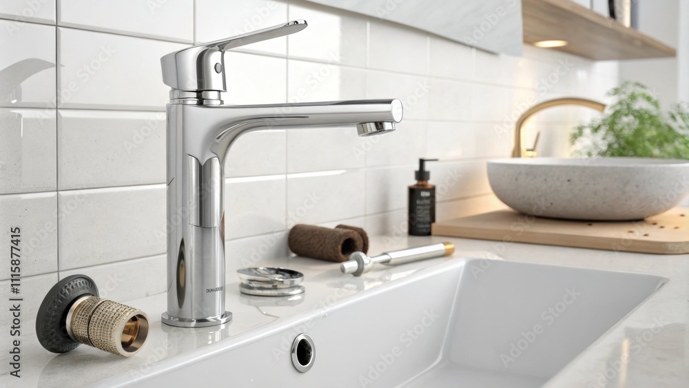 Poster a sleek futuristic faucet design leaning against a contemporary sink with the remnants of an old fau