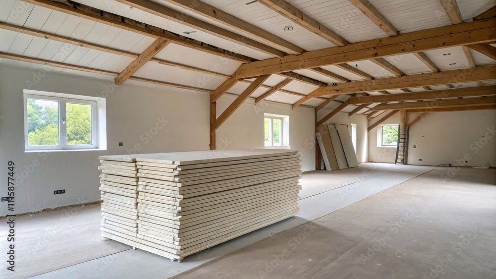Poster a simplistic room with a high ceiling and wooden beams where a single stack of drywall sheets stands