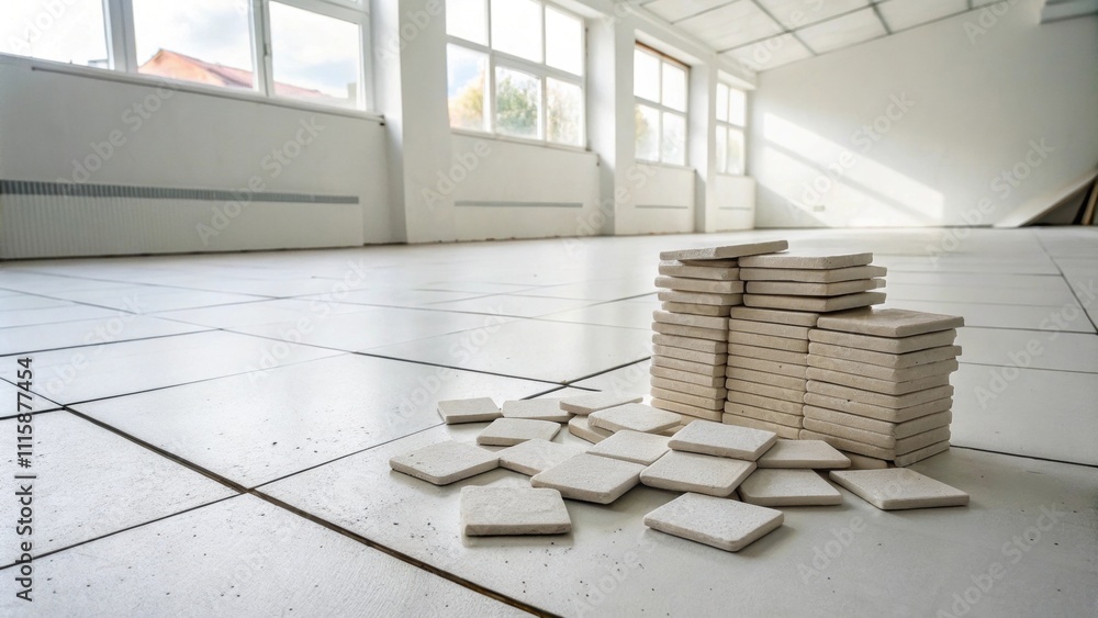 Poster A simple yet effective composition showing an unfinished pile of tile spacers on a stark white floor with natural light illuminating their surfaces.