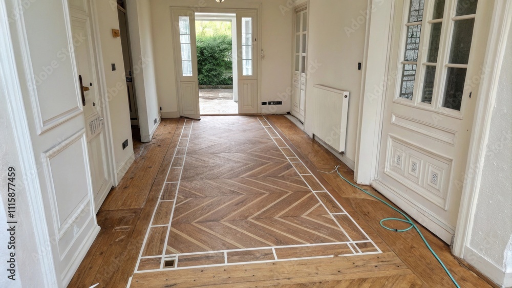 Poster A simplistic entryway featuring a rudimentary wooden floor with faint traces of tape marking boundary lines for a new exquisite tile design.