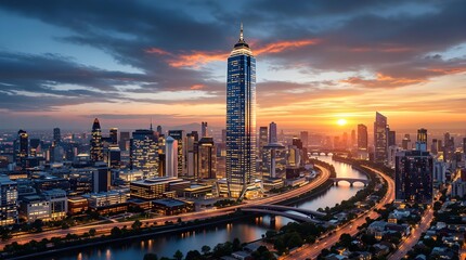 Obraz premium Illuminated City Skyline at Dusk