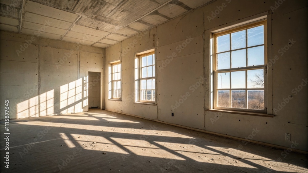 Poster a simple room showcasing walls covered in sanded drywall with shadows formed from nearby windows cre