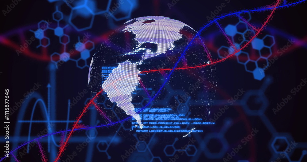 Poster rotating earth with dna strands and hexagonal patterns, scientific data image