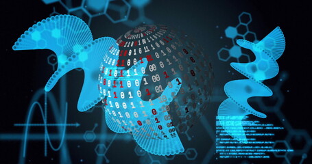 Binary code sphere and molecular structures, scientific data processing image