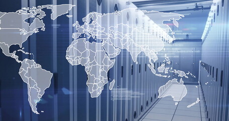 Image of world map and data processing over server room