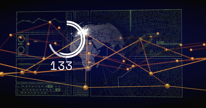 Data visualization image over world map and graphs with numerical indicators