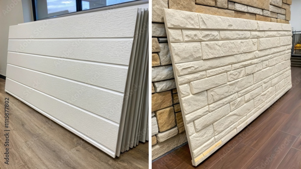 Poster A sidebyside comparison shot displaying two types of wall panelsone with a smooth surface and the other with a textured finishstacked to illustrate the variety available for the
