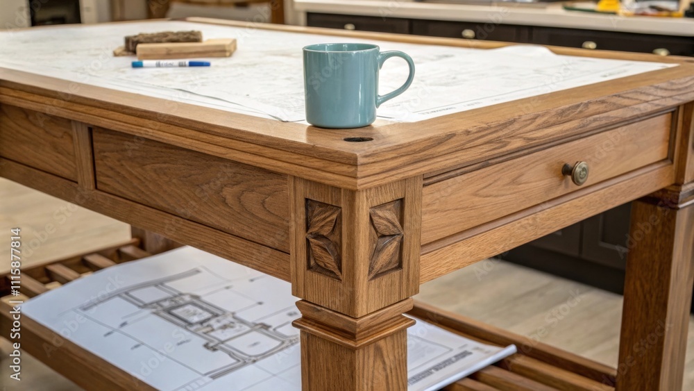 Poster A side profile of a kitchen island frame exposing the intricate joinery and support beams. Nearby a coffee cup and blueprints indicate a mix of craftsmanship and design.