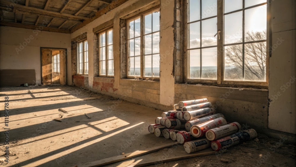 Aufkleber a shot of a sunlit room with a pile of od caulking tubes in front of an unfinished window frame wher