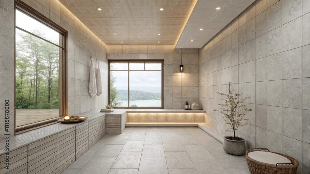 Poster A serene minimalist bathroom with freshly grouted light gray tiles that seamlessly blend into walls and floors creating a tranquil atmosphere.