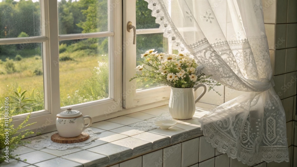 Poster A serene scene of a window sill bathed in natural light fresh grout neatly outlining the tiles and complemented by a delicate lace curtain fluttering in the breeze.