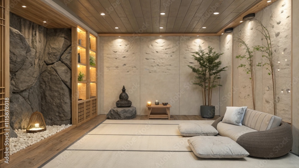 Fototapete a serene meditation nook set against an exposed wall of waterproofing material creating a unique bac