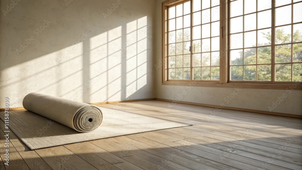Poster a serene room devoid of furniture where a roll of carpet padding is positioned against one wall cast