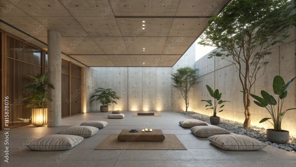Poster A serene meditation corner with floor cushions arranged beneath an expansive concrete ceiling complemented by soft lighting and indoor plants throughout the room.