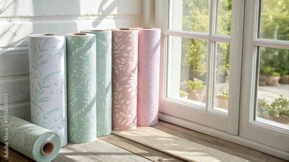 Poster a serene image of muted pastel wallpaper rolls arranged thoughtfully beside a window with natural su