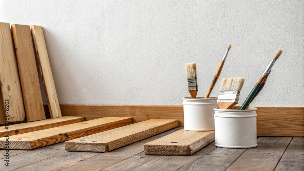 Poster a serene composition showing wooden baseboards lined up against a blank wall with a few tered brushe