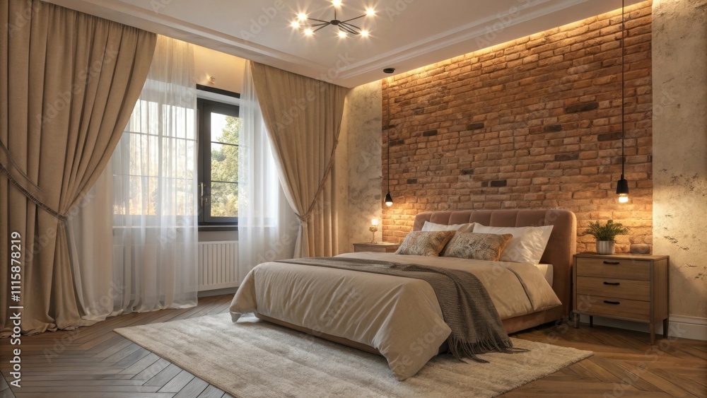 Aufkleber A serene bedroom with an accent wall of exposed brick the warm hues softened by flowing curtains and a plush inviting bedspread.