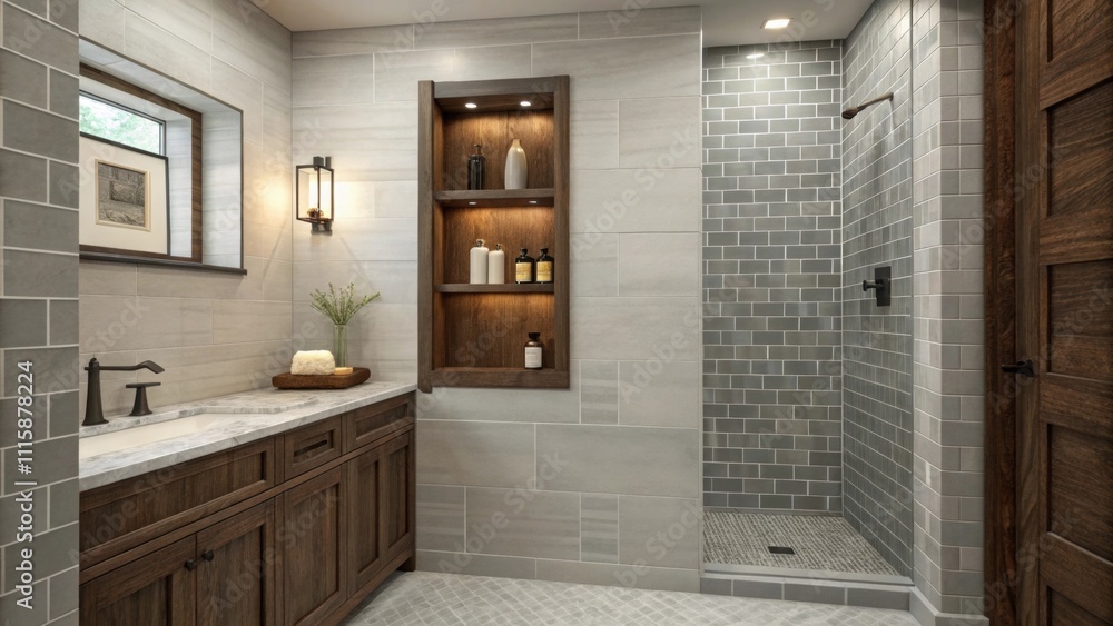 Aufkleber A serene bathroom oasis with a shower niche lined with pale gray subway tiles creating a tranquil backdrop against the dark wood accents.