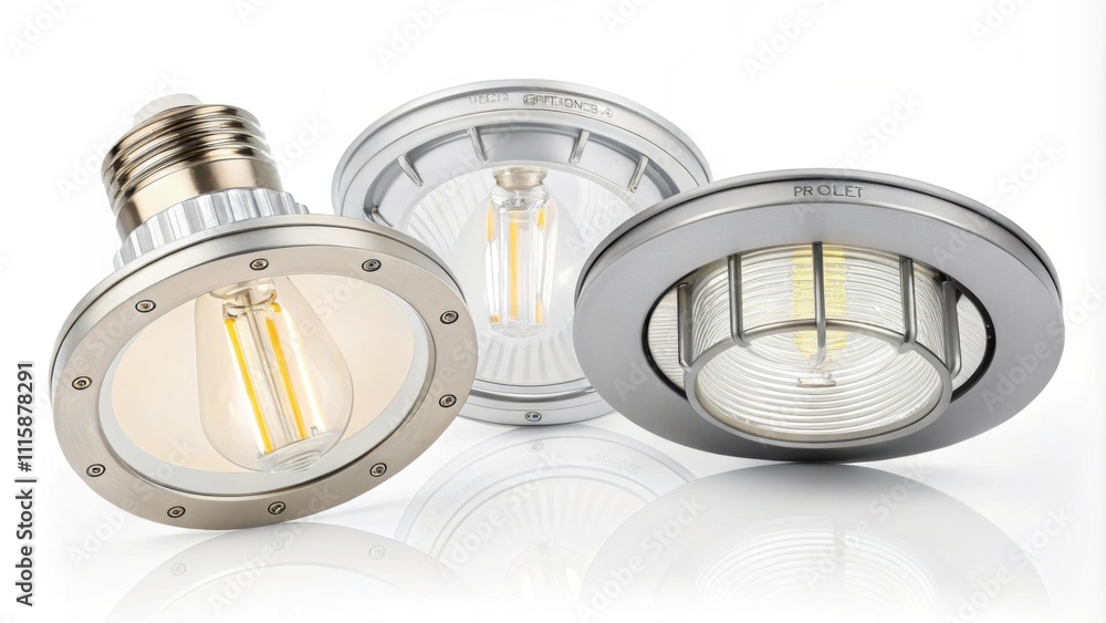 Poster a selection of stylish dimmable flush mount lights positioned symmetrically on a clean white surface