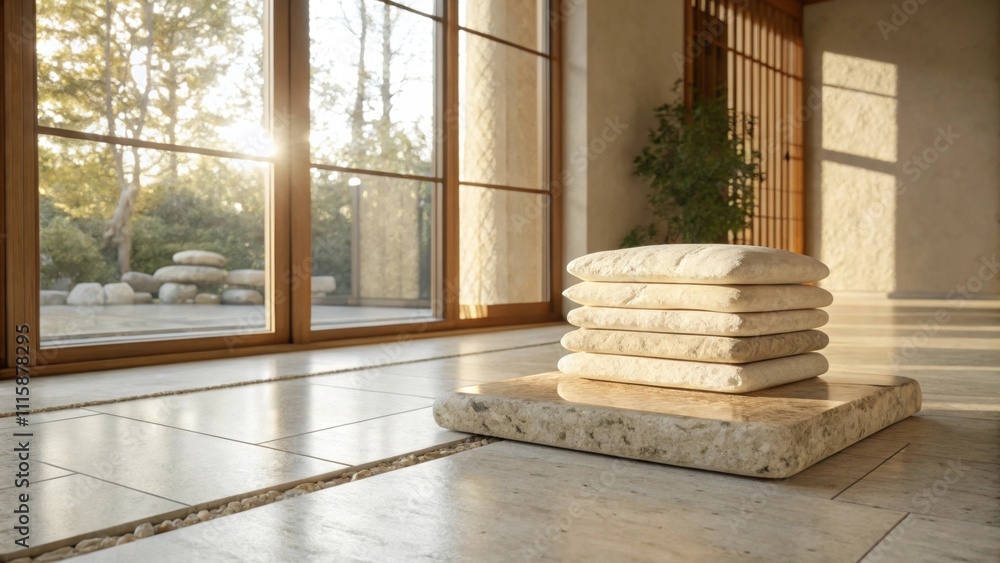 Poster A serene atmosphere with a stack of lightcolored marble tiles sitting under soft natural light streaming through a large window casting gentle reflections on the floor.