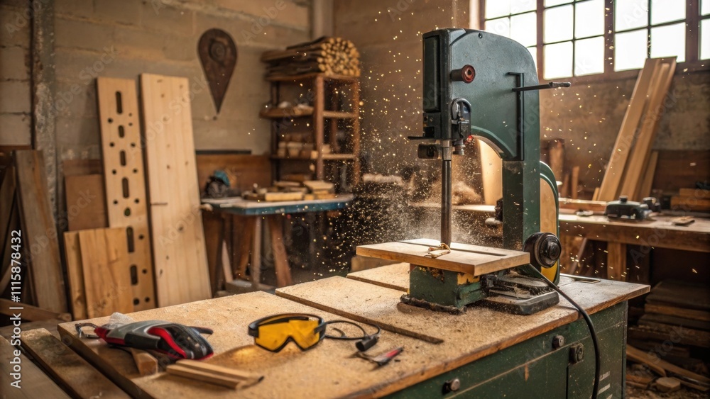 Poster A rustic workshop with a heavyduty workbench where a band saw is in use sending shards of wood flying with safety goggles and gloves resting nearby.