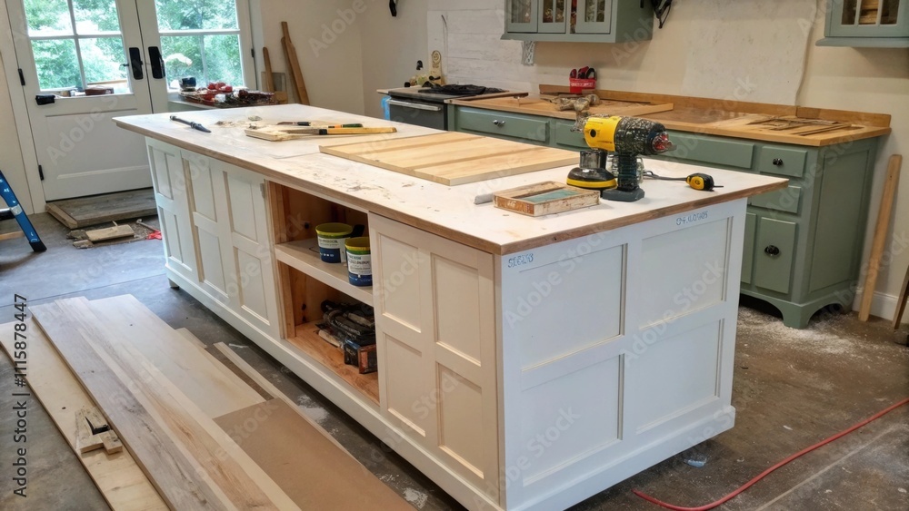 Poster a scene depicting a kitchen island renovation showing sections of paint drying on one side while pla