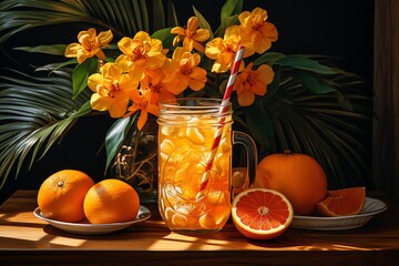 Iced orange drink in mason jar with oranges and yellow flowers. - Powered by Adobe