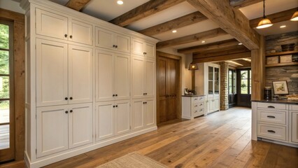 A rustic yet modern interior with every cabinet door covered in primer their unfinished state creating a sense of anticipation for the completion.