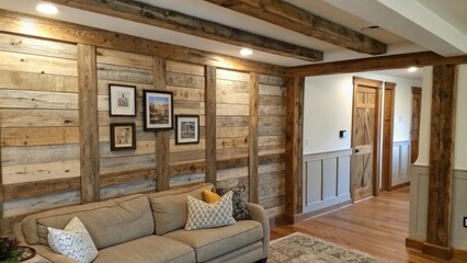 Fototapeta premium A rustic wall featuring reclaimed wood framed moldings matching the exposed beams above providing a charming farmhouse vibe.