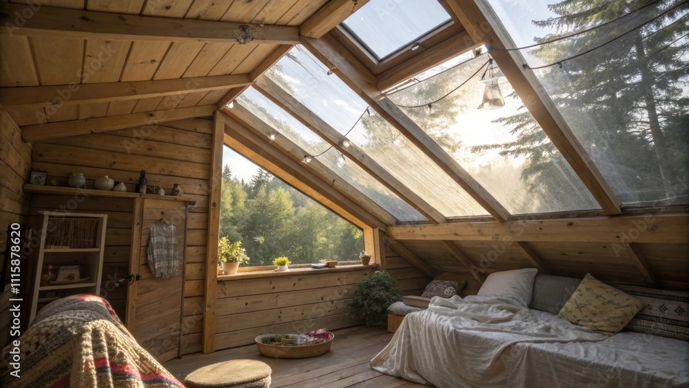 Aufkleber A rustic nook with a newly installed skylight where protective plastic sheeting covers the surrounding areas softening the glare of sunlight.