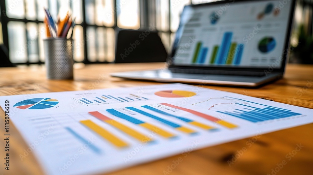 Poster colorful creative workspace with sticky notes and data charts