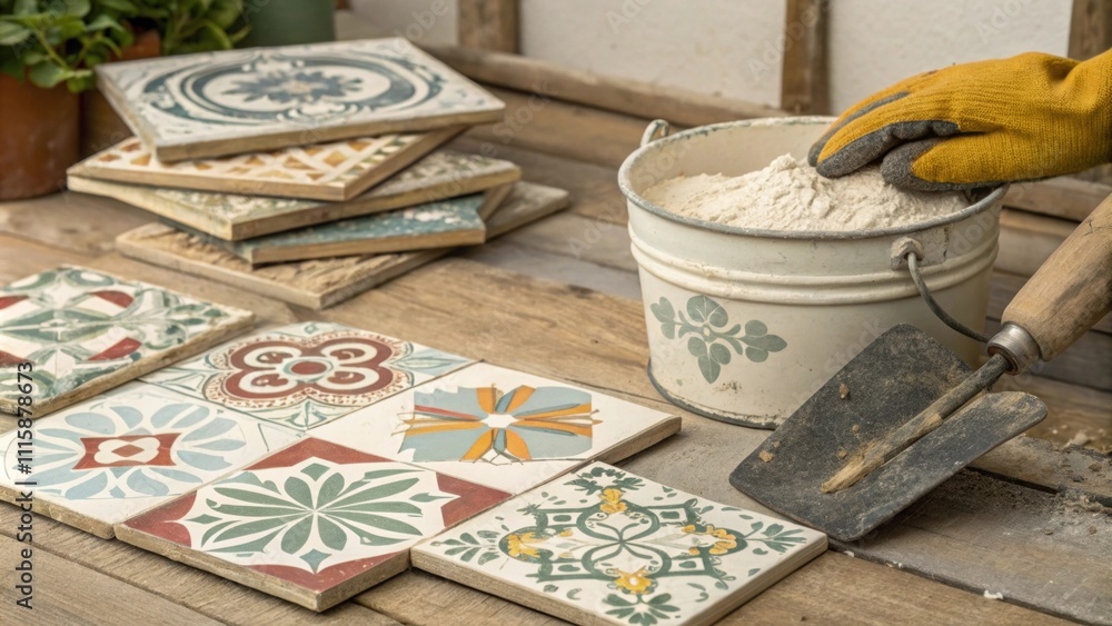Aufkleber a rustic scene featuring a variety of patterned ceramic tiles stacked unevenly with a gloved hand ho