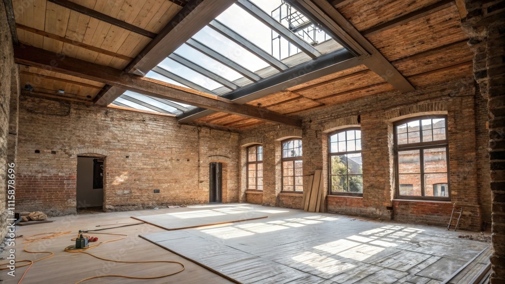 Aufkleber A rustic loft space highlighting a large rectangular skylight being fitted surrounded by exposed brick walls and a floor covered in protective sheeting to catch debris.