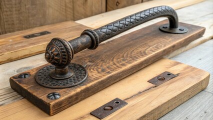 A rustic iron door handle set featuring a textured finish rests on a reclaimed wood surface with the natural grain creating an inviting contrast.