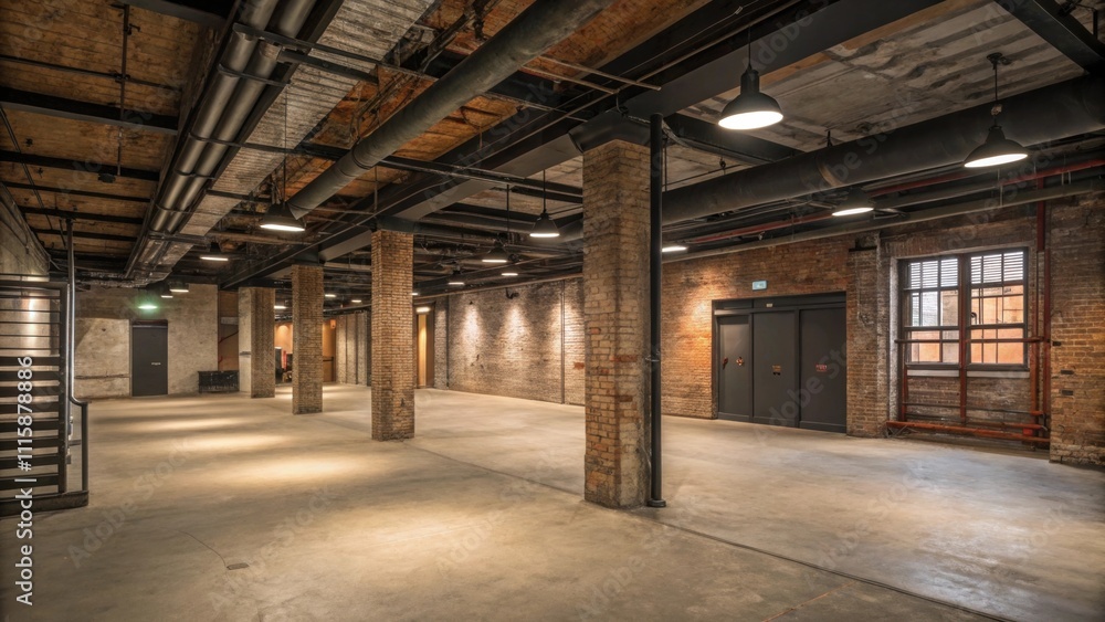 Poster A rugged industrialinspired space with original concrete flooring accompanied by exposed piping and beams that offer a glimpse into its structural essence.
