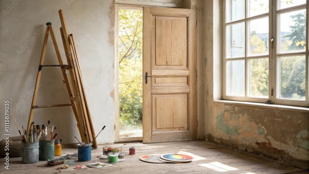 Poster a relaxed creative atmosphere is visible as a sanded door stands against an open window with brushes