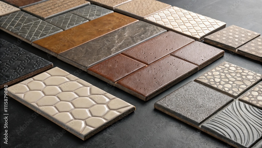 Aufkleber A random assortment of textured tiles with a mix of matte and glossy surfaces providing a tactile sensation captured against a contrasting dark backdrop.