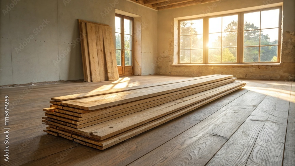 Aufkleber A pile of sanded wooden planks resting in the middle of an open floor space with a hint of sunlight filtering through a nearby window.