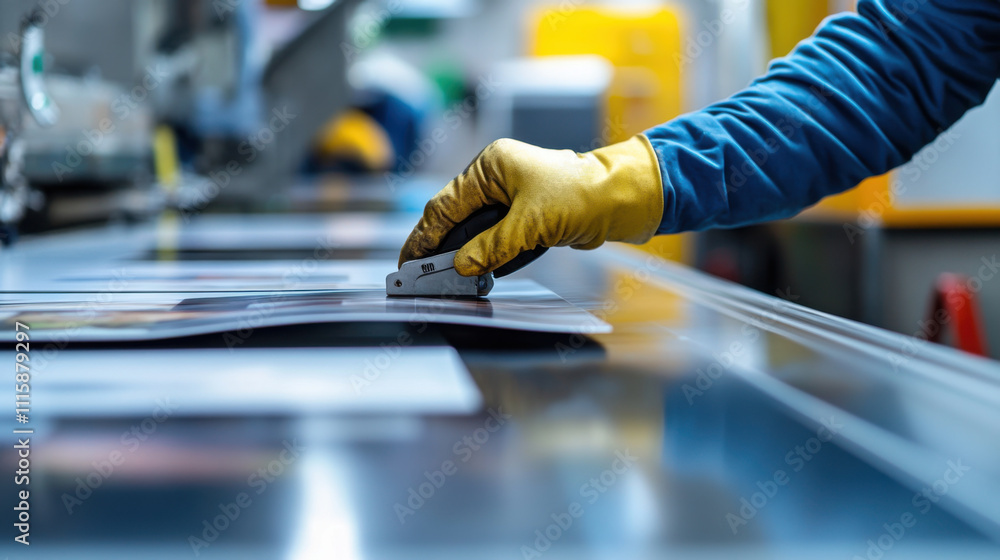 Poster worker using cutting tool to trim printed advertisement materials in workshop. scene captures precis
