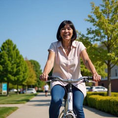 Obraz premium A joyful senior African American woman rides her bike through a park under a bright sunshine