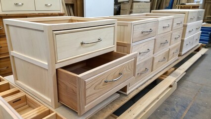 A pile of cabinetry drawers in various stages of completion some finished while others are raw highlighting the craftsmanship involved in the renovation process.