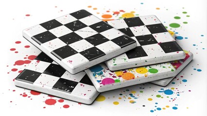 A pile of classic checkerboard tiles in black and white interspersed with splashes of color presenting a timeless yet contemporary aesthetic.