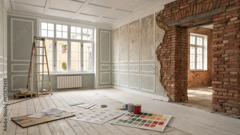 Poster a partially renovated room displays a combination of rough brick and smooth drywall highlighting the